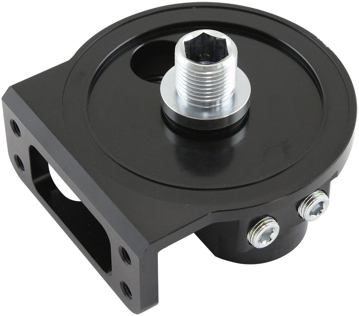 Aeroflow Billet Remote Oil Filter Head -12 ORB Top Entry, Black anodized finish, accepts filter with 13/16"-16 thread