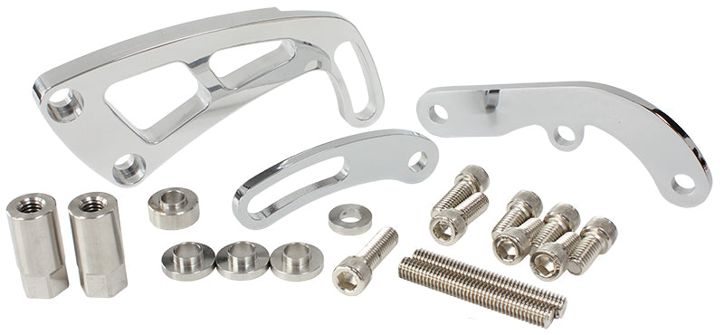 Billet Aluminium Power Steering Bracket Suit Small Block Chevy, Mid mount passenger side with long water pump, Polished