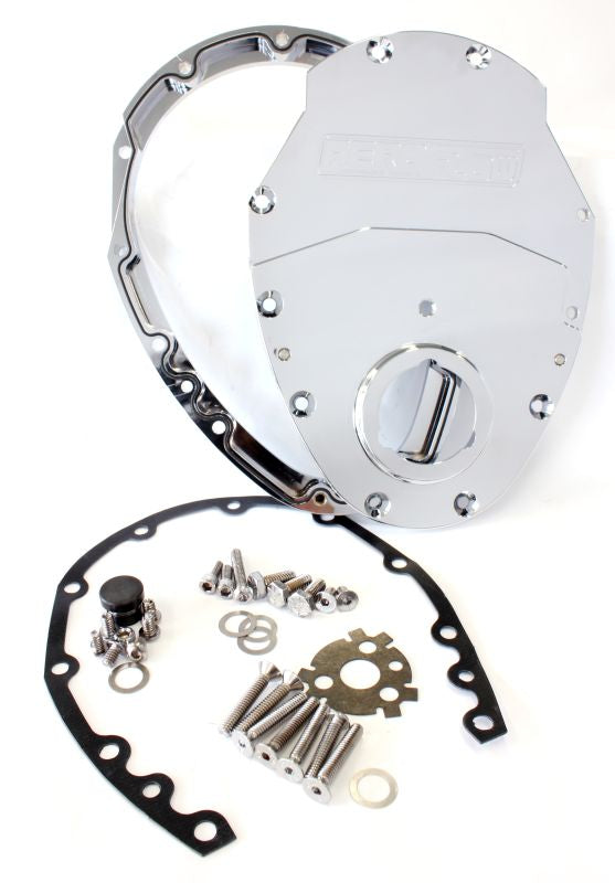 Small Block Chev 350 2-Piece Billet Timing Cover - Chrome Finish Includes Gaskets, Seals,Roller Cam button, Mounting Hardware and Replacement O-Ring
