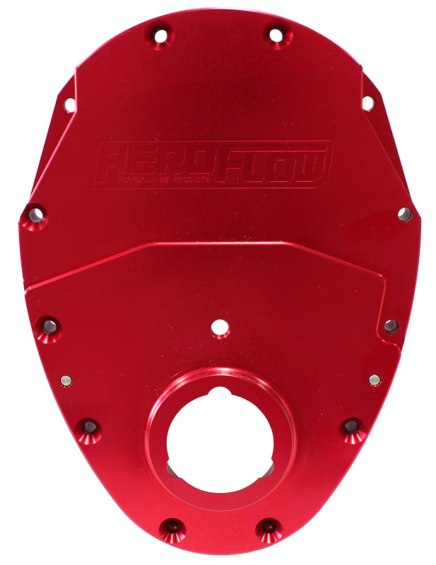 Small Block Chev 350 2-Piece Billet Timing Cover - Red Finish Includes Gaskets, Seals,Roller Cam button, Mounting Hardware and Replacement O-Ring