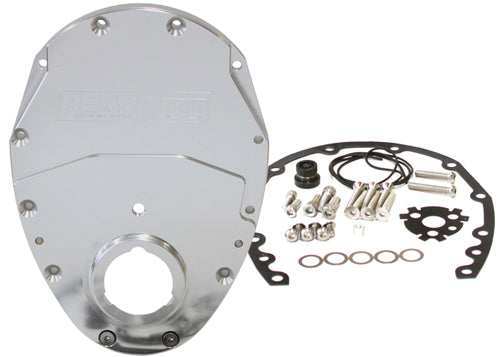 Small Block Chev 350 2-Piece Billet Timing Cover - Silver Finish Includes Gaskets, Seals,Roller Cam button, Mounting Hardware and Replacement O-Ring