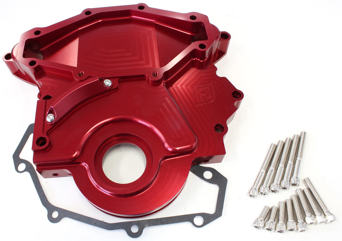 Holden 253-304-308 Billet Timing Cover - Red Finish IncludesMounting Hardware and Accepts Mechincal Fuel Pump