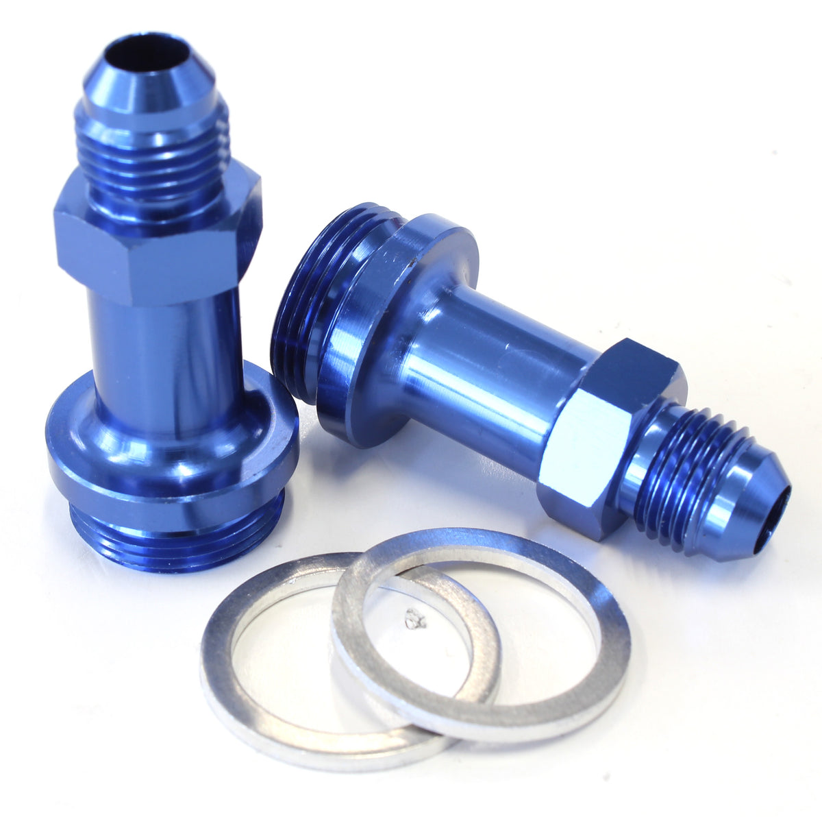 Carburettor Adapter - Male 7/8" to -6AN 1-3/4" Long Blue Finish. Suit Holley Inlet Feed