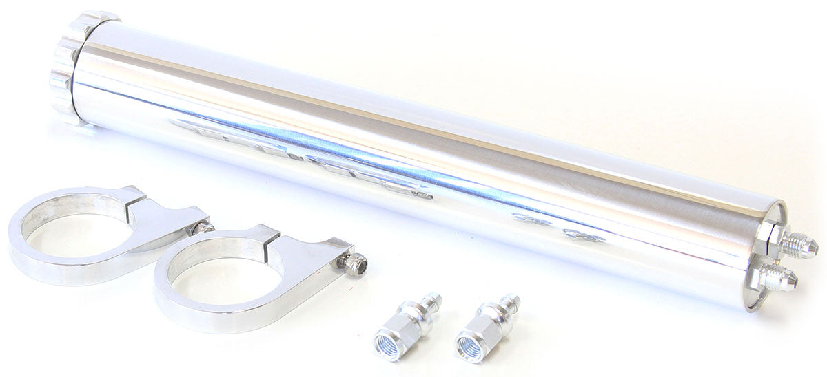 Billet Aluminium Radiator Over Flow Tank - Polished Includes 5/16"" Barb Fittings & Mounts. 13" (325mm) Height x 2" (50mm) Diameter