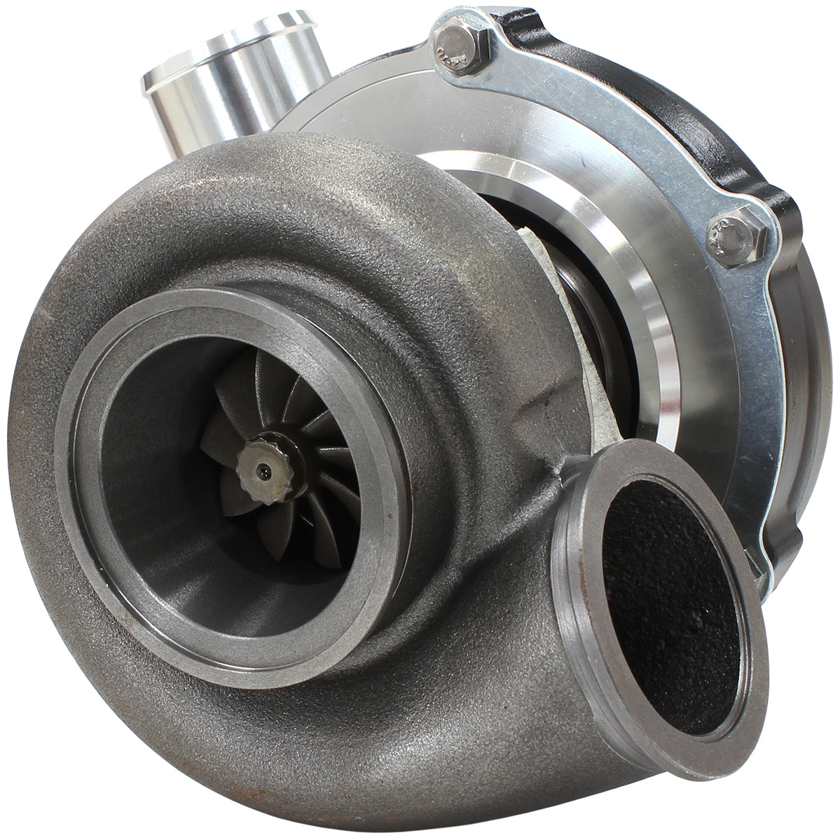 BOOSTED 5855 1.01 Reverse Rotation Turbocharger 750HP, Hi Temp Black Finish External Wastegate, V-Band Inlet & Exhaust Flanges