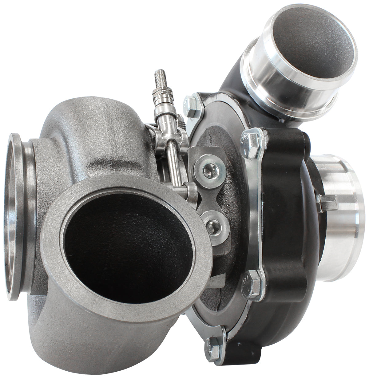 BOOSTED B5455 .83 Reverse Rotation Turbocharger 660HP, Hi Temp Black Finish External Wastegate, V-Band Inlet & Exhaust Flanges