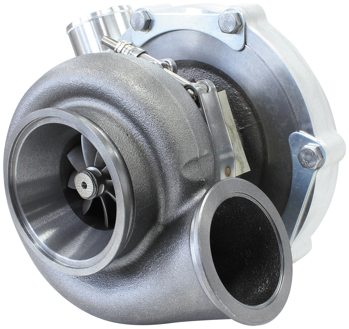 BOOSTED B5855 .83 Reverse Rotation Turbocharger 770HP, Natural Cast Finish External Wastegate, V-Band Inlet & Exhaust Flanges