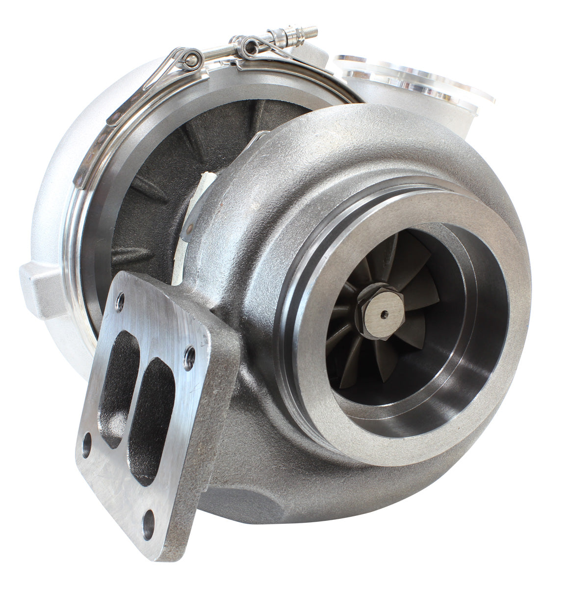 BOOSTED 8077 T4 1.15 Turbocharger 1250HP, Natural Cast Finish External Wastegate, T4 Twin Entry Inlet Flange, V-Band Exhaust Flange