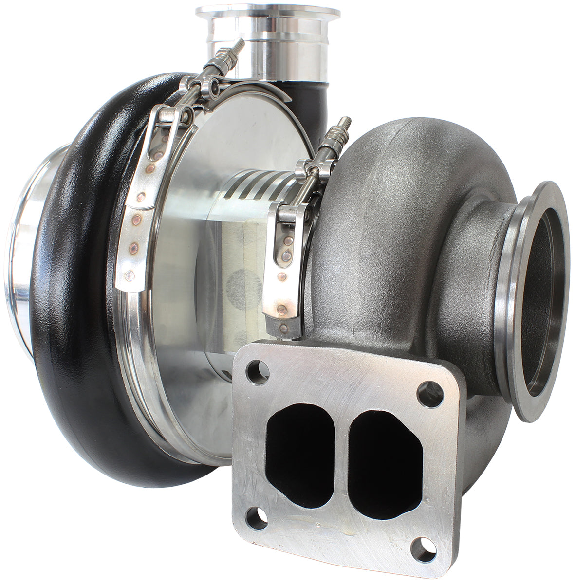 BOOSTED 7575 T4 1.10 Turbocharger 1050HP, Hi Temp Black Finish External Wastegate, T4 Twin Entry Inlet Flange, V-Band Exhaust Flange