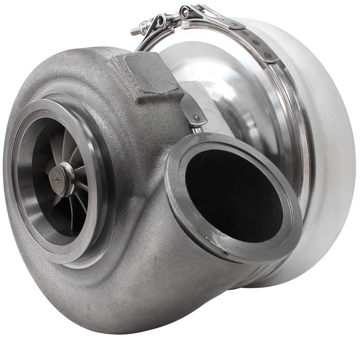 BOOSTED 7375 1.15 Reverse Rotation Turbocharger 1200HP, Natural Cast Finish External Wastegate, V-Band Inlet & Exhaust Flanges