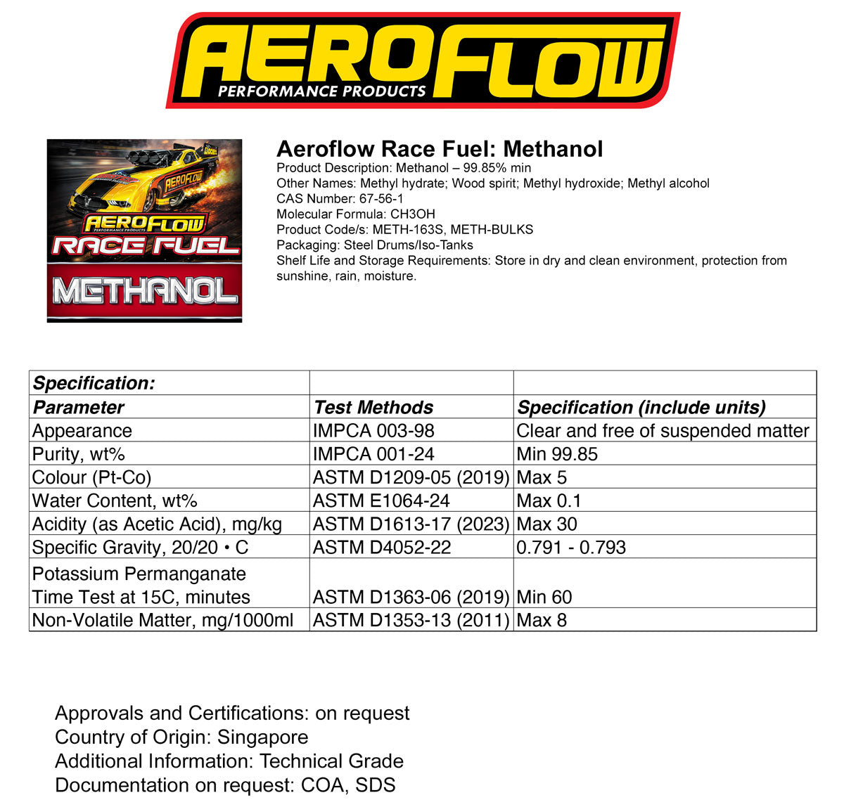 Aeroflow Methanol Racing Fuel 200 Litre / 52 Gallon Drum