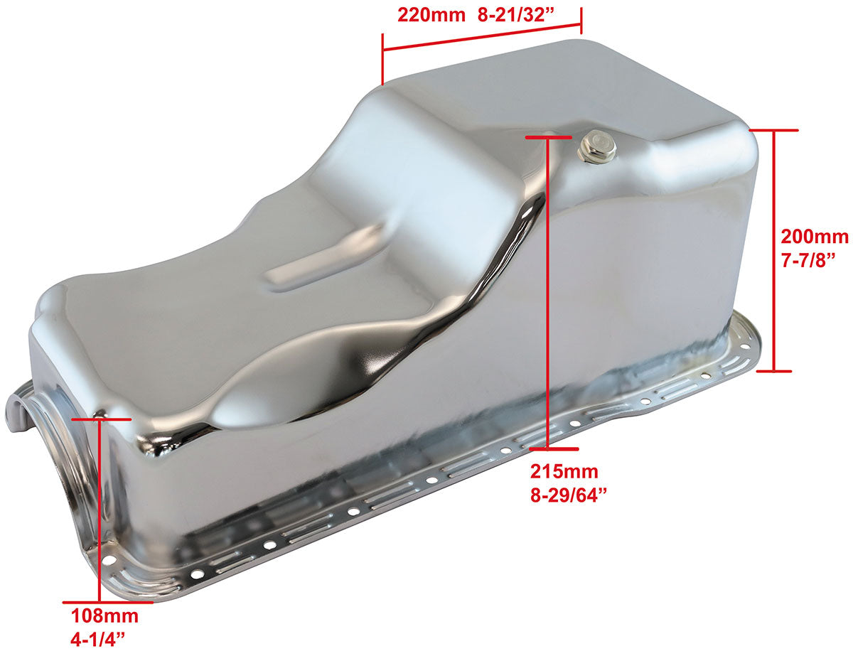 Ford 351 Windsor Standard Replacement Oil Pan, Chrome Finish Suit Small Block Ford 351 Windsor Front Sump, 5.8L Capacity