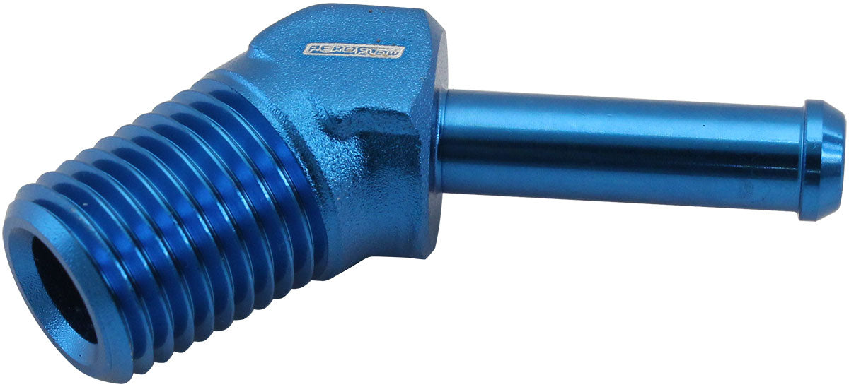 Male NPT to Barb 45 Degree Adapter 1/4" to 1/4" Blue Finish