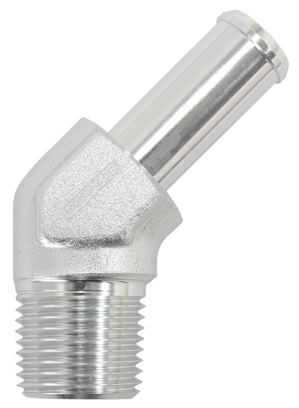 Male NPT to 45° AN Hose Barb 1/8" NPT to -4 100/450 series Hose, Silver Finish