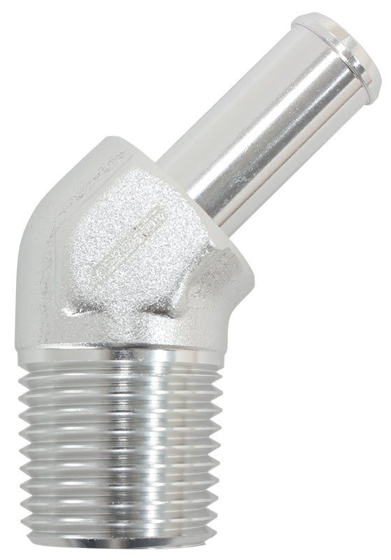 Male NPT to 45° AN Hose Barb 3/8" NPT to -6 100/450 series Hose, Silver Finish