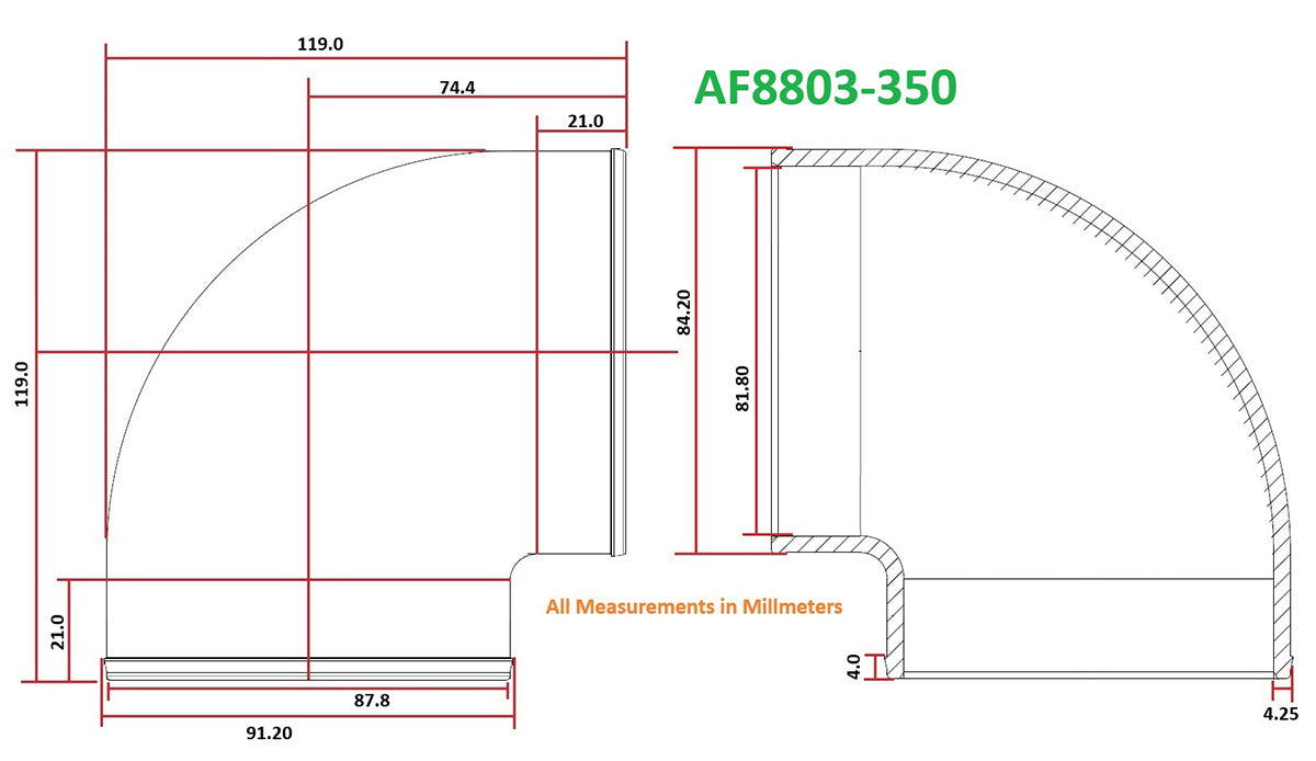 Tight Radius Cast 90 Degree Elbow - Natural Finish 3-1/2" (89mm) Outside Diameter
