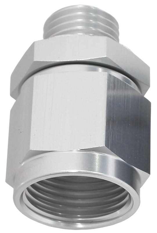Male M14 x 1.5 to Female -8AN Swivel Adapter Supplied With Washer, Silver Finish