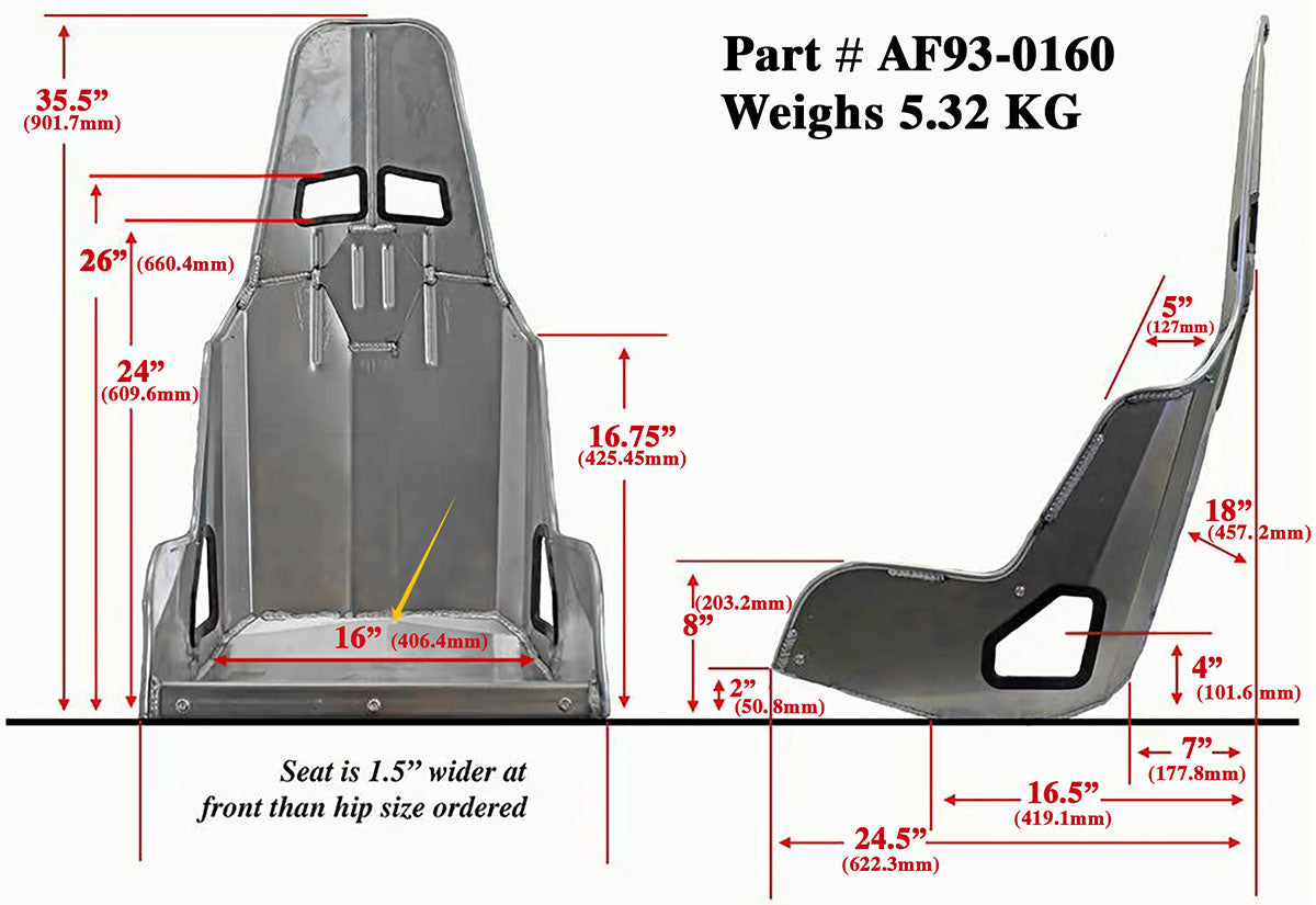 Pro Street Drag 16" Aluminium Race Seat, Raw Finish 406mm Hip Width
