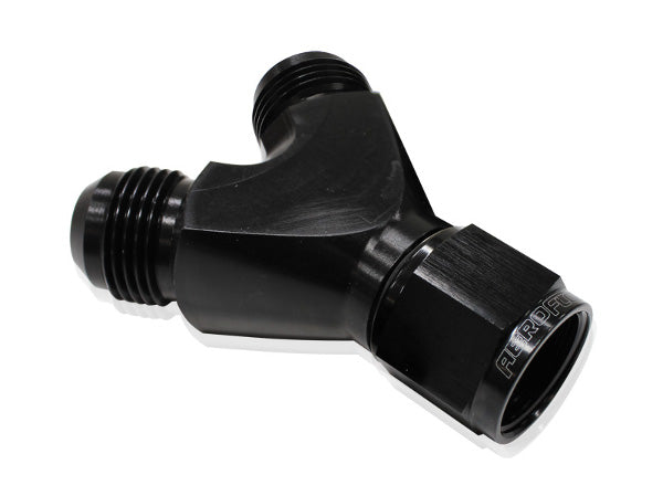 Billet Y-Block with Female Flare Black Finish. 1 x -8AN Female, 2 x -6AN Male