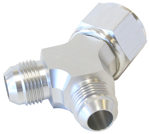 Billet Y-Block with Female Flare Silver Finish. 1 x -8AN Female, 2 x -6AN Male