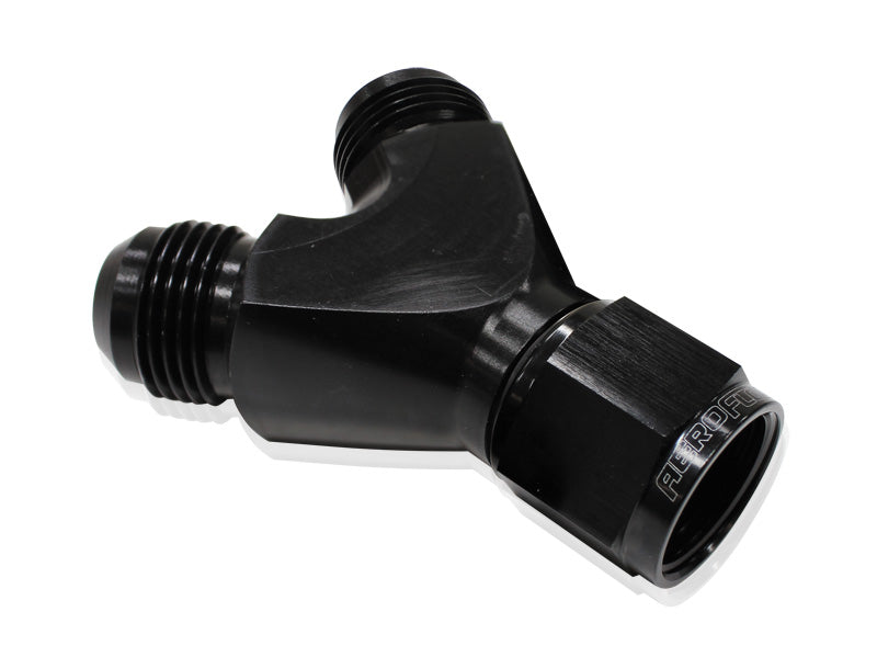 Billet Y-Block with Female Flare Black Finish. 1 x -10AN Female, 2 x -8AN Male