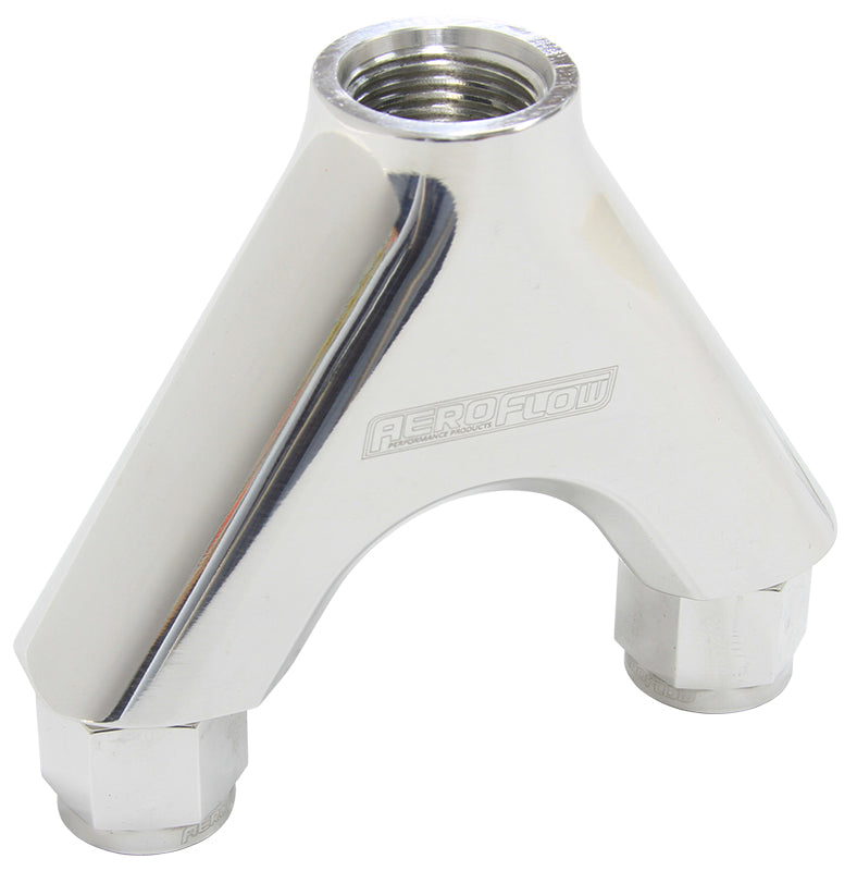 Billet Y-Block with Female Flare Polished Finish. 2 x -8AN Female, 1 x -10AN Male