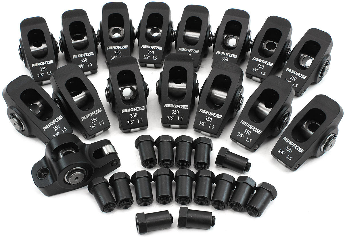 Aeroflow Small Block Chev Aluminium Roller Rocker Set 3/8" Stud Mount, 1.5 Ratio, Set of 16