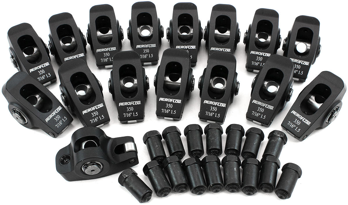Aeroflow Small Block Chev Aluminium Roller Rocker Set 7/16" Stud Mount, 1.5 Ratio, Set of 16