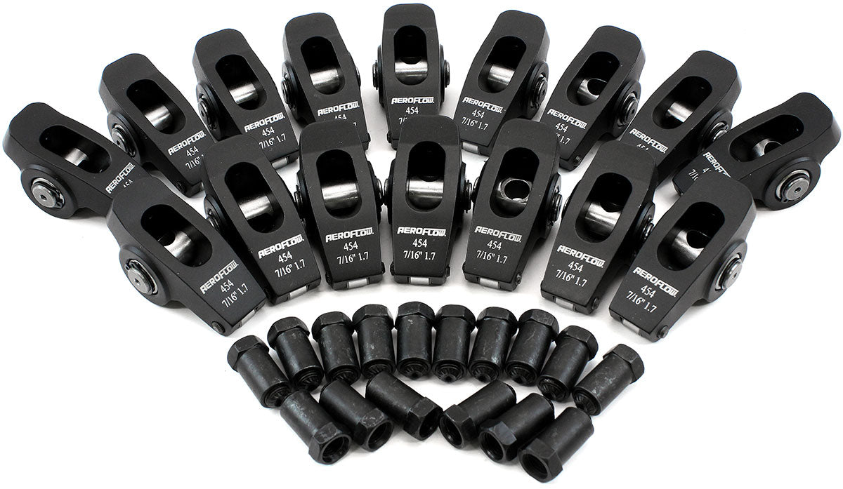 Aeroflow Big Block Chev Aluminium Roller Rocker Set 7/16" Stud Mount, 1.7 Ratio, Set of 16