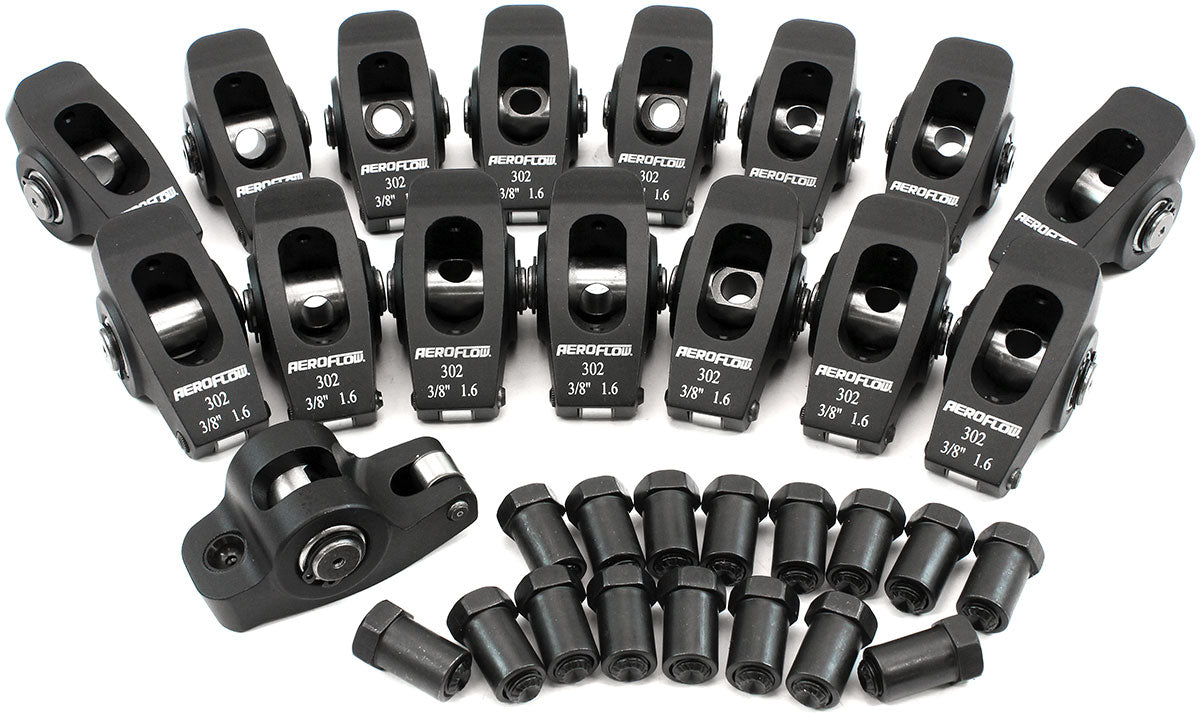 Aeroflow Small Block Ford Windsor 289-351 Aluminium Roller Rocker Set 3/8" Stud Mount, 1.6 Ratio, Set of 16