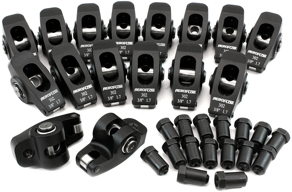 Aeroflow Small Block Ford Windsor 289-351 Aluminium Roller Rocker Set 3/8" Stud Mount, 1.7 Ratio, Set of 16