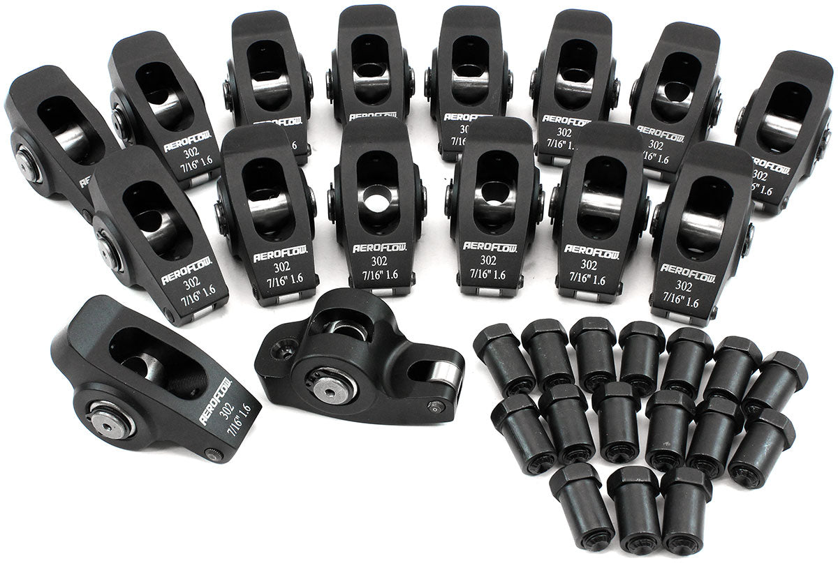 Aeroflow Small Block Ford Windsor 289-351 Aluminium Roller Rocker Set 7/16" Stud Mount, 1.6 Ratio, Set of 16