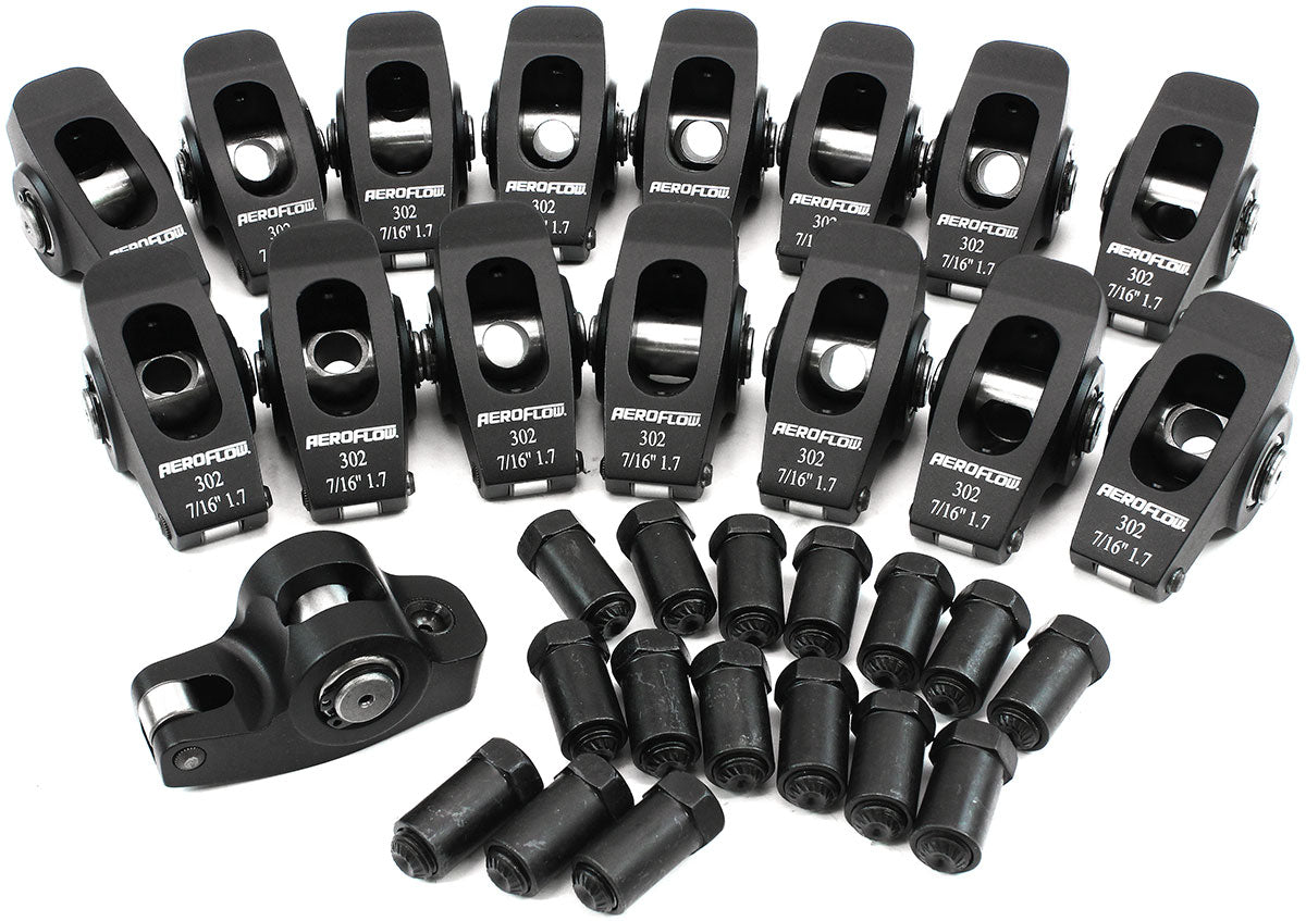 Aeroflow Small Block Ford Windsor 289-351 Aluminium Roller Rocker Set 7/16" Stud Mount, 1.7 Ratio, Set of 16