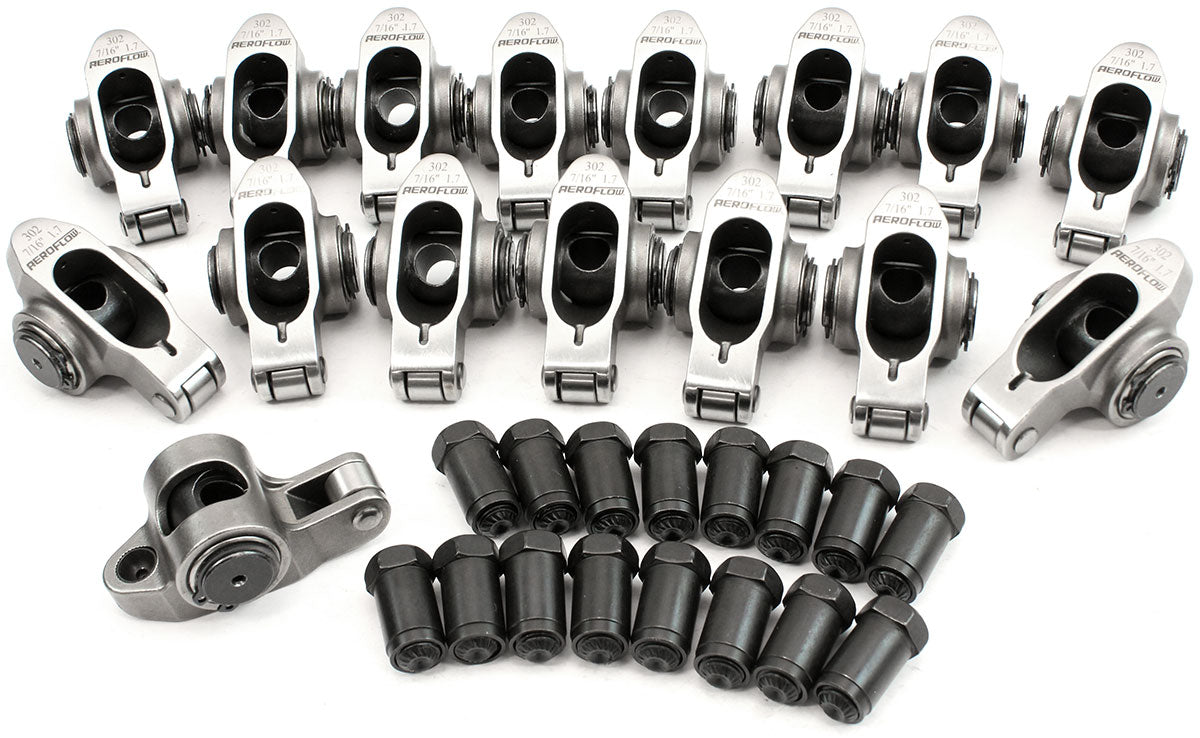 Aeroflow Small Block Ford Windsor 289-351 Stainless Steel Roller Rocker Set 7/16" Stud Mount, 1.70 Ratio, Set of 16
