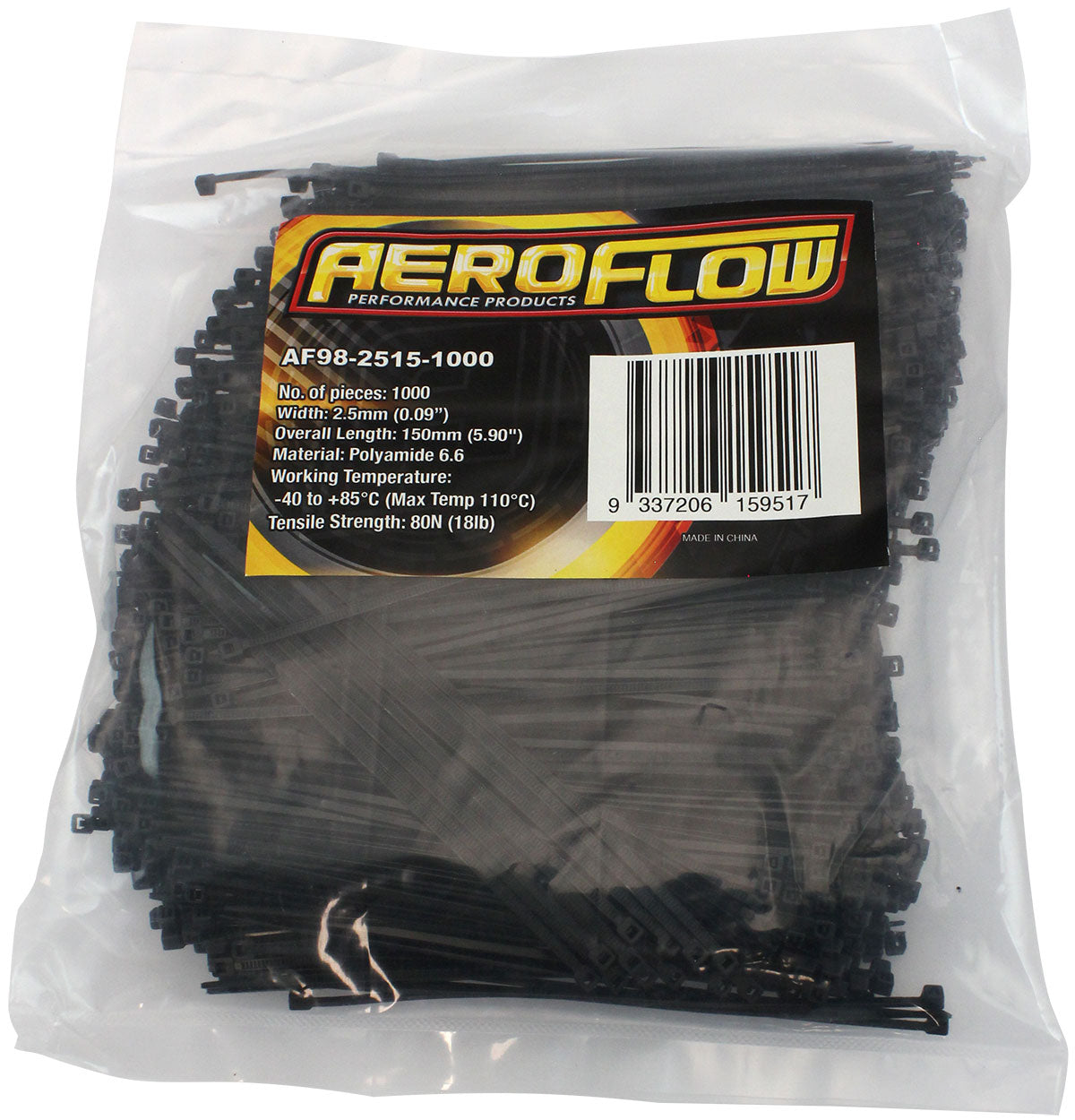 Standard Cable Ties 2.5mm Wide x 150mm Long - 1000 Pack Nylon 66 Material, Black Colour
