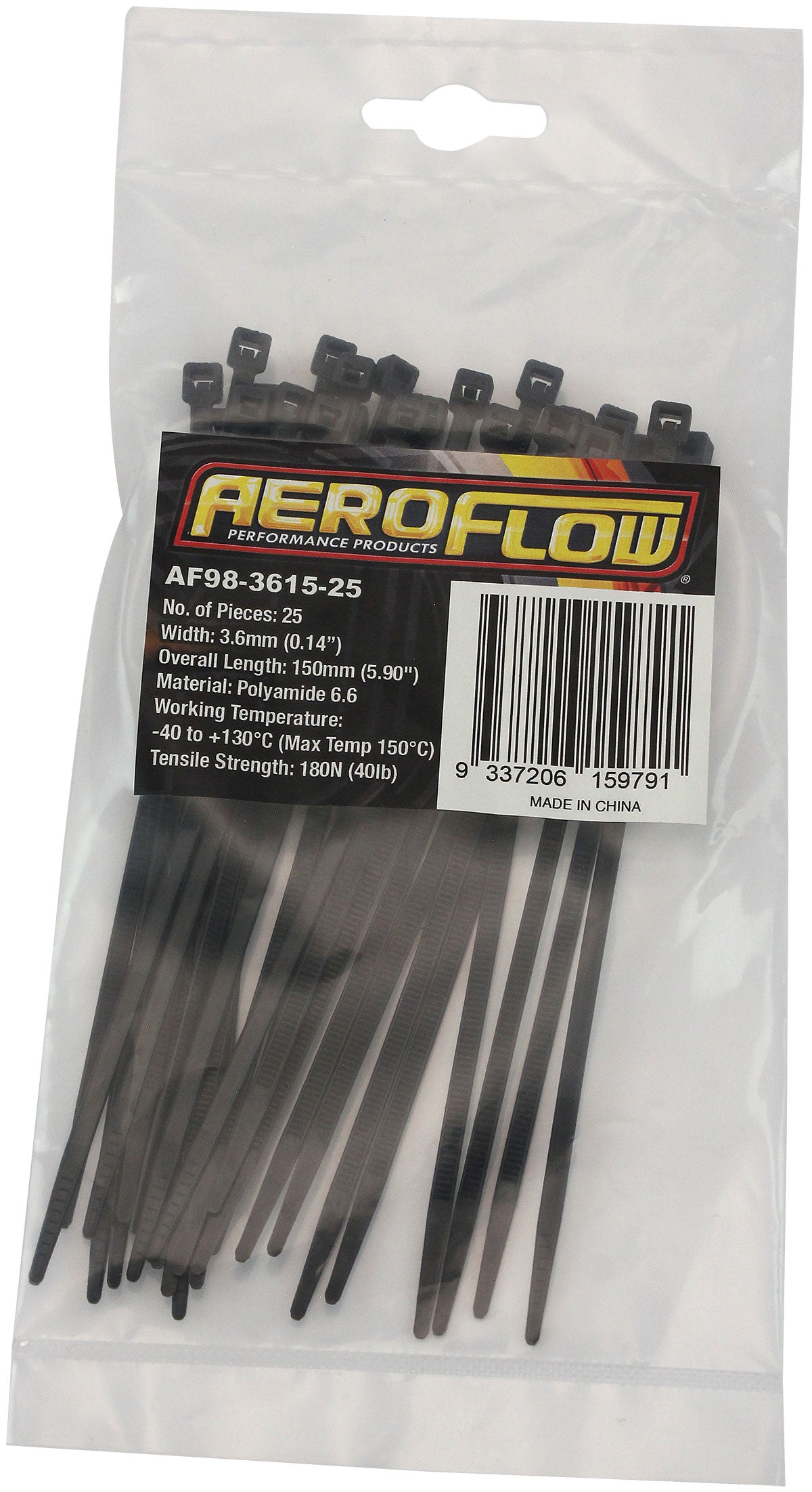 Heat Resistant Cable Ties 3.6mm Wide x 150mm Long - 25 Pack Nylon 46 Material, Black Colour