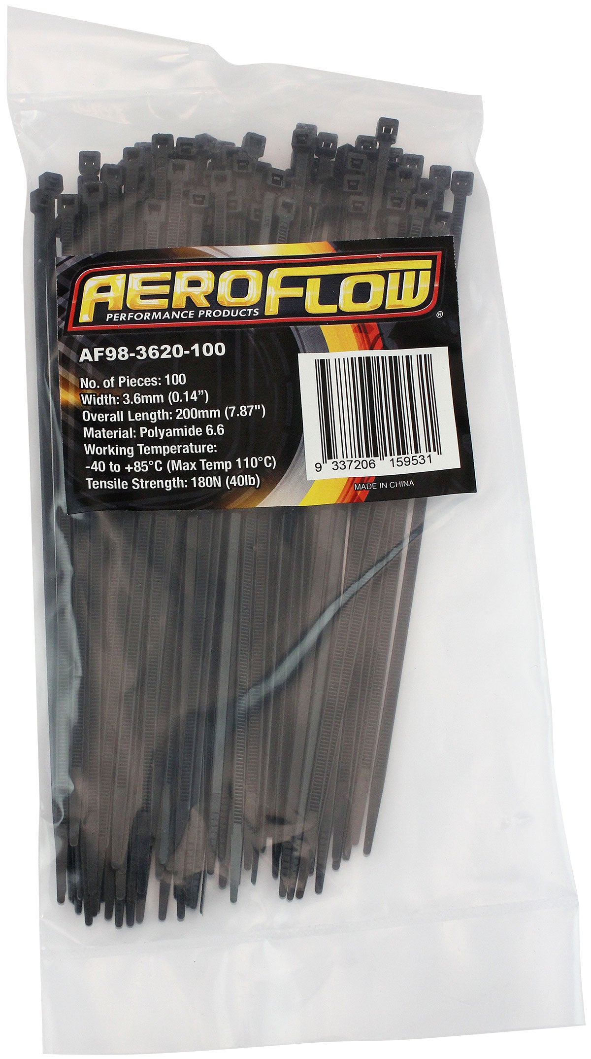 Standard Cable Ties 3.6mm Wide x 200mm Long - 100 Pack Nylon 66 Material, Black Colour