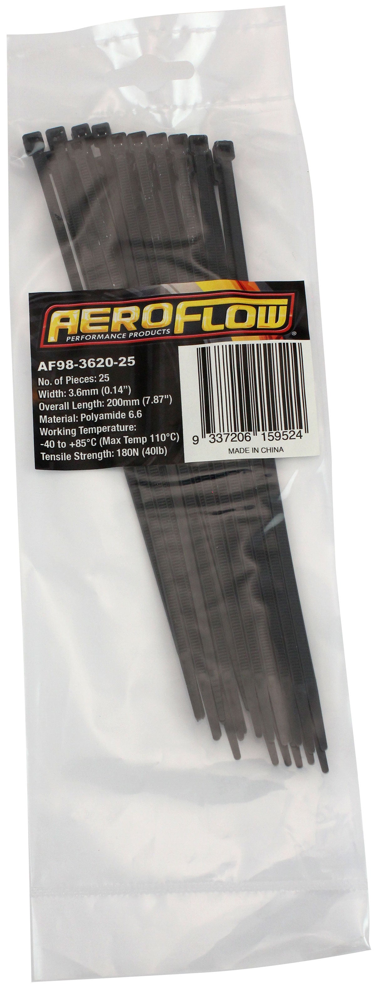 Standard Cable Ties 3.6mm Wide x 200mm Long - 25 Pack Nylon 66 Material, Black Colour