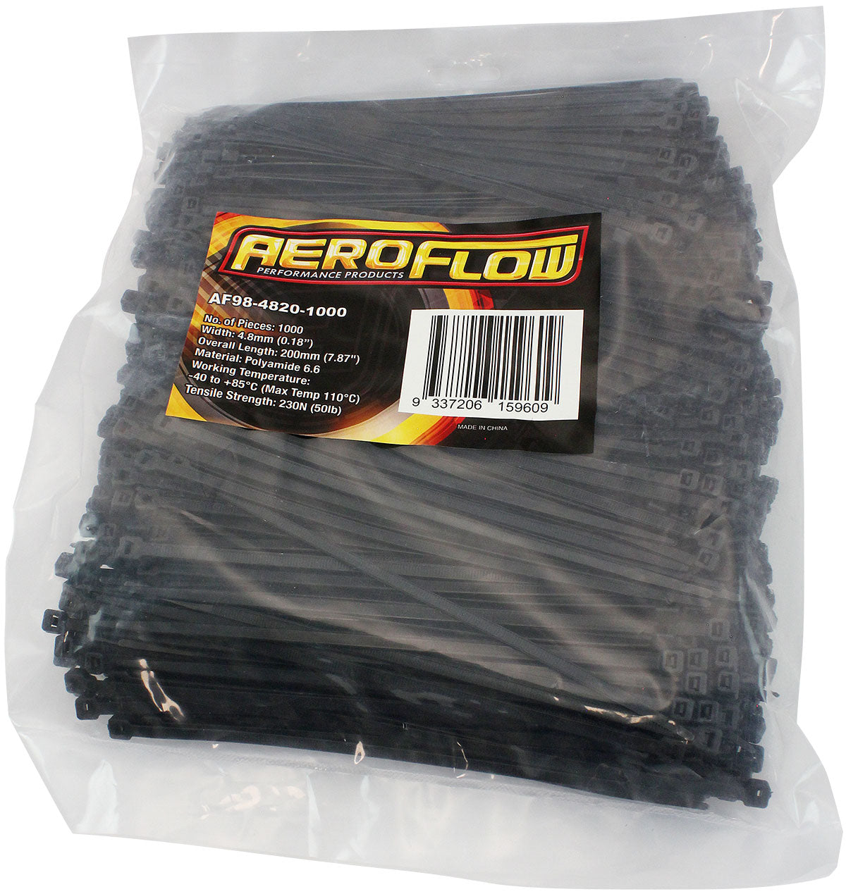 Standard Cable Ties 4.8mm Wide x 200mm Long - 1000 Pack Nylon 66 Material, Black Colour