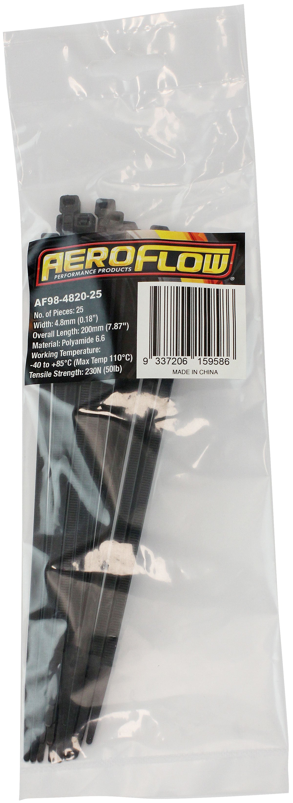 Standard Cable Ties 4.8mm Wide x 200mm Long - 25 Pack Nylon 66 Material, Black Colour