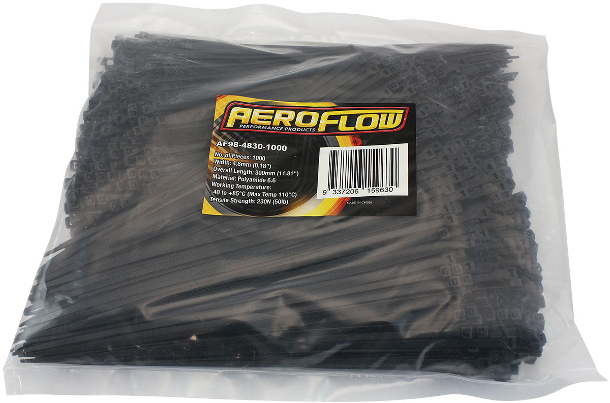 Standard Cable Ties 4.8mm Wide x 300mm Long - 100 Pack Nylon 66 Material, Black Colour