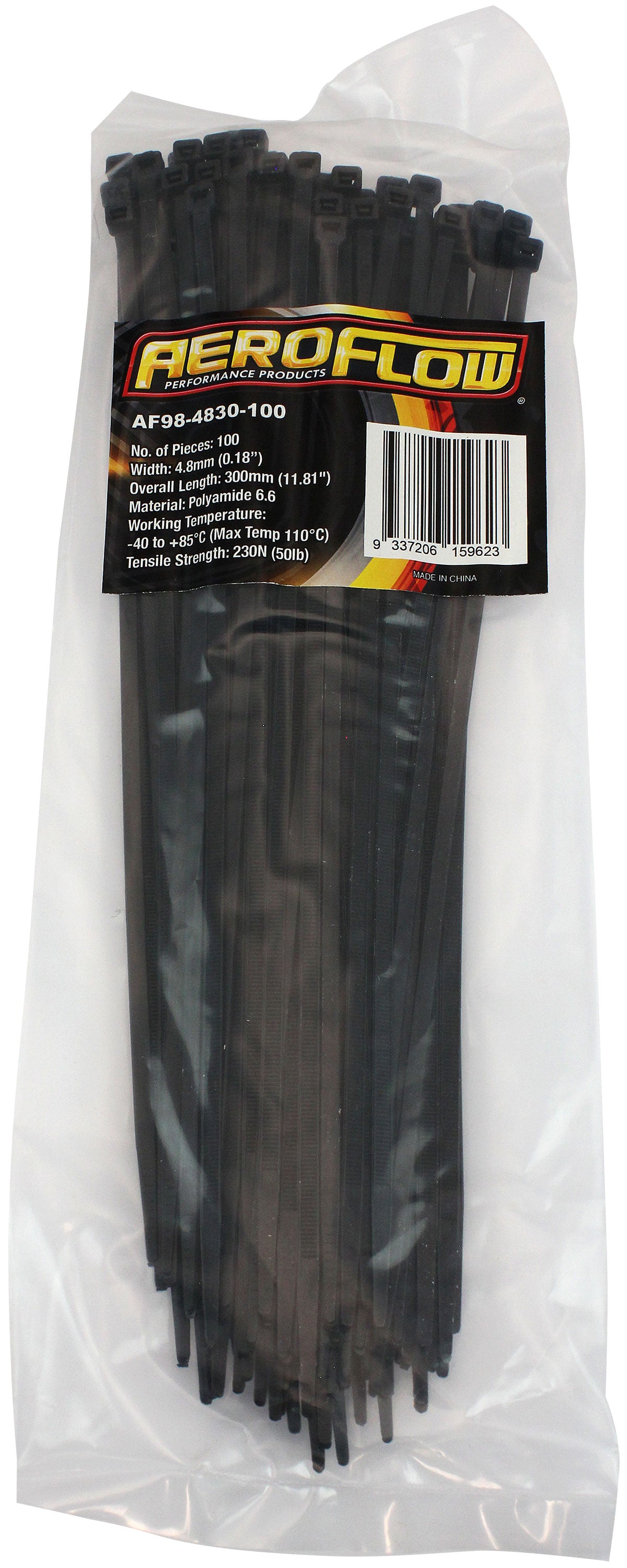 Standard Cable Ties 4.8mm Wide x 300mm Long - 100 Pack Nylon 66 Material, Black Colour