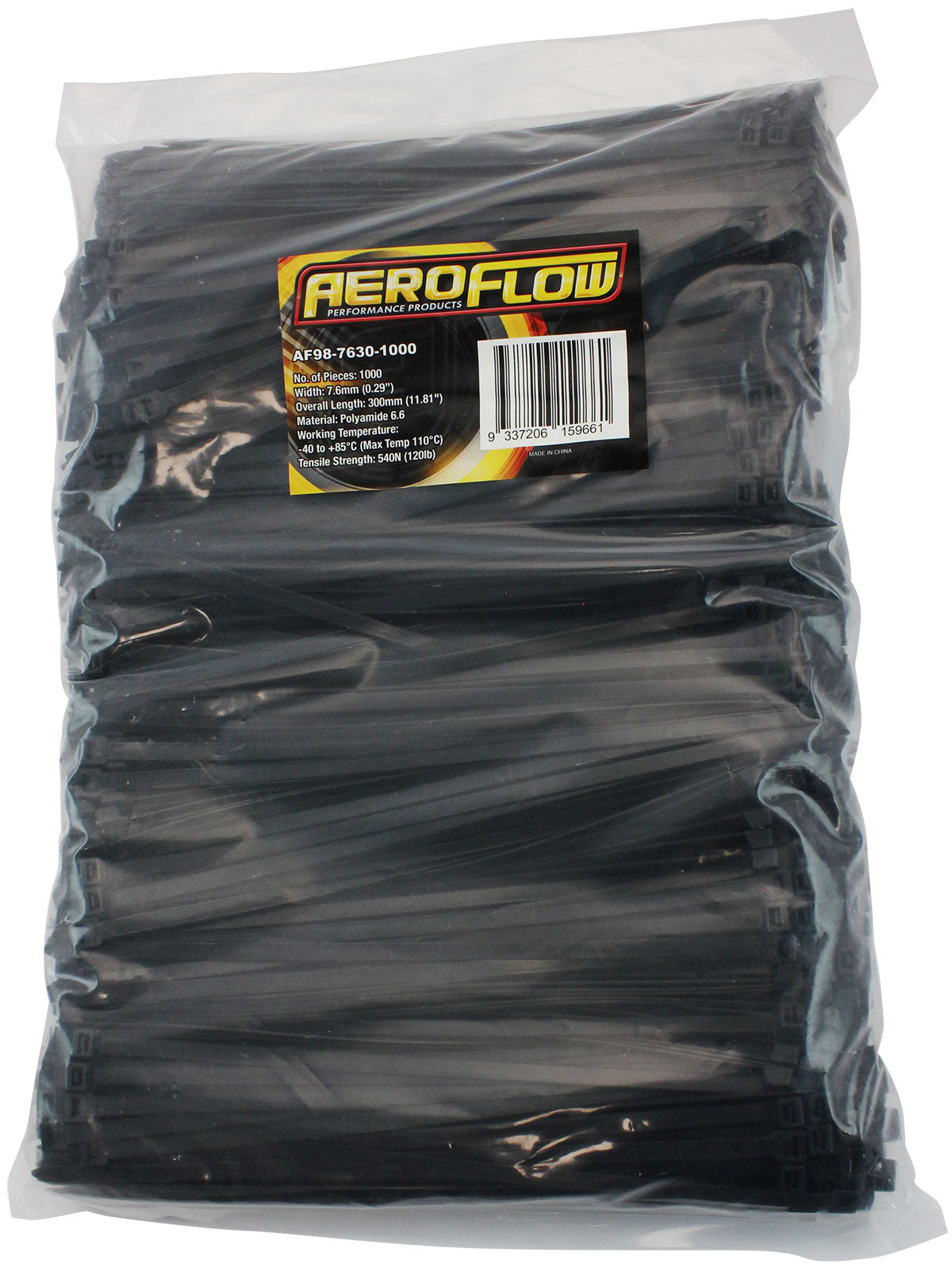 Standard Cable Ties 7.6mm Wide x 300mm Long - 1000 Pack Nylon 66 Material, Black Colour