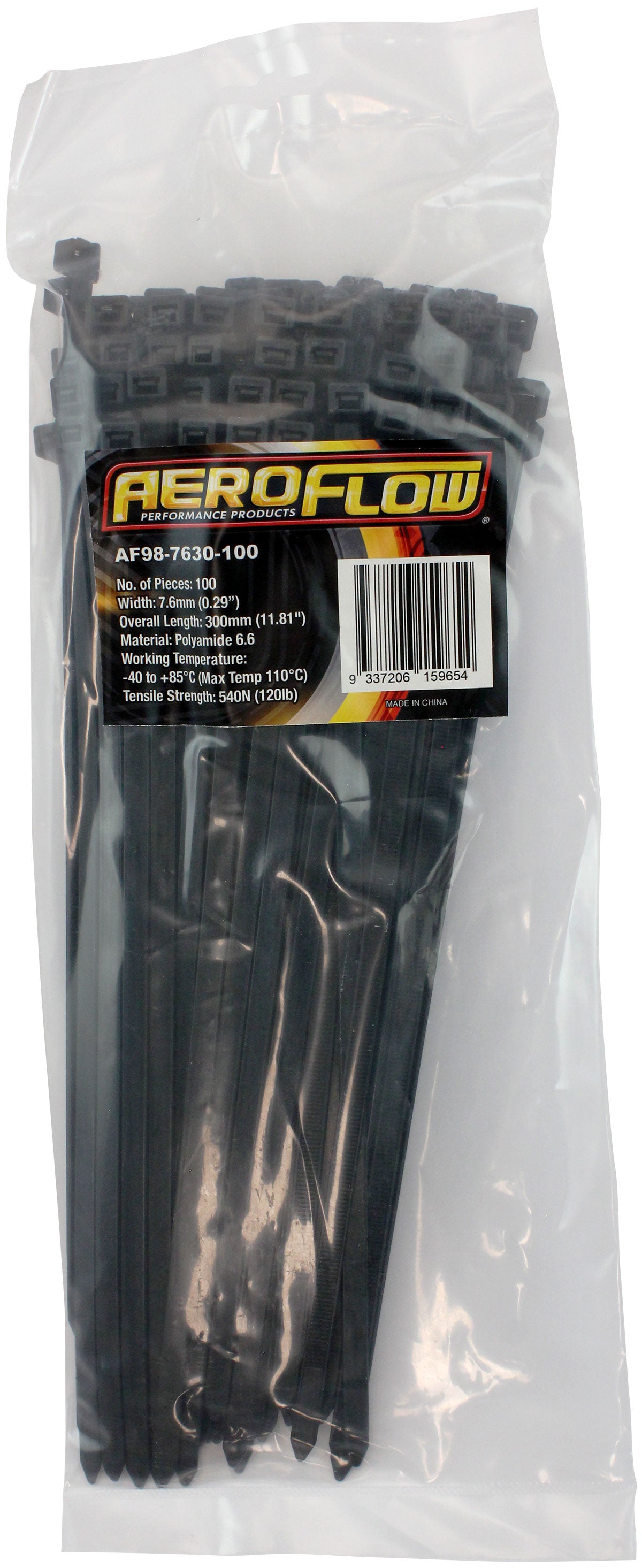 Standard Cable Ties 7.6mm Wide x 300mm Long - 100 Pack Nylon 66 Material, Black Colour