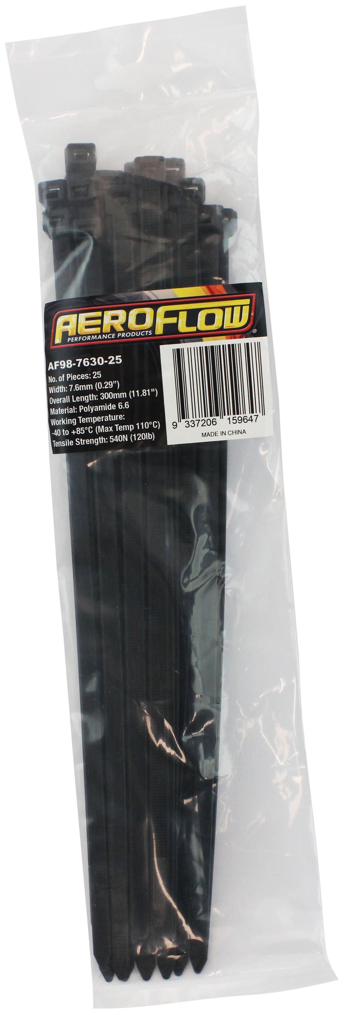 Standard Cable Ties 7.6mm Wide x 300mm Long - 25 Pack Nylon 66 Material, Black Colour