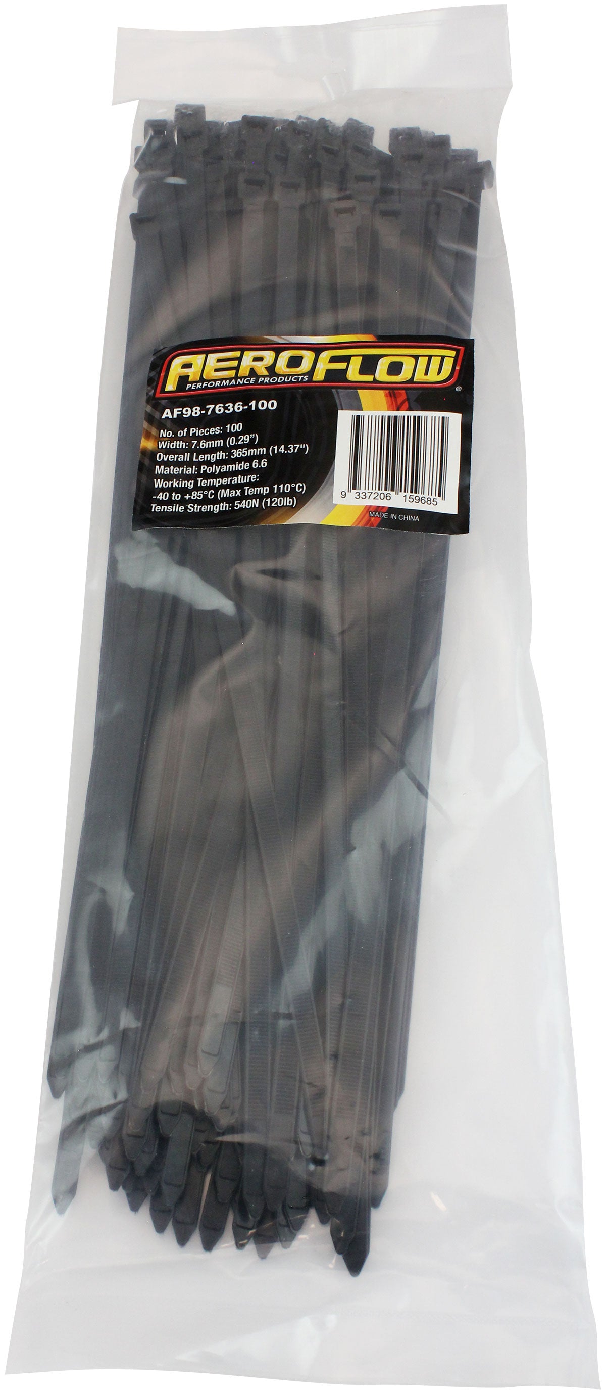 Cable Ties 7.6mm Wide x 365mm Long - 100 Pack Nylon 66 Material, Black Colour