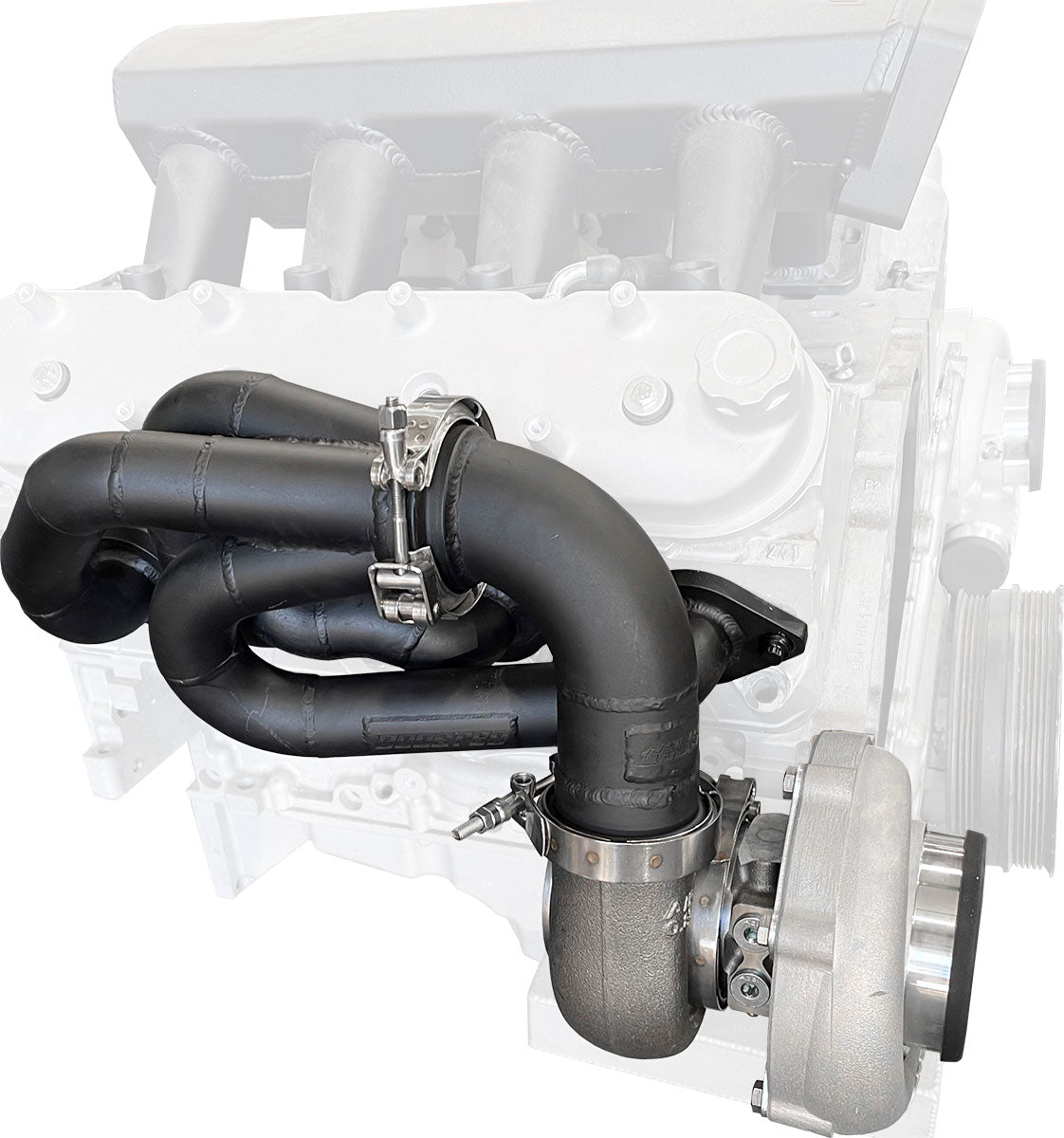 GM LS Twin Turbo Long Runner Manifolds  Forward Facing, High Mount with 2.5" V-Band, Sold As a Pair