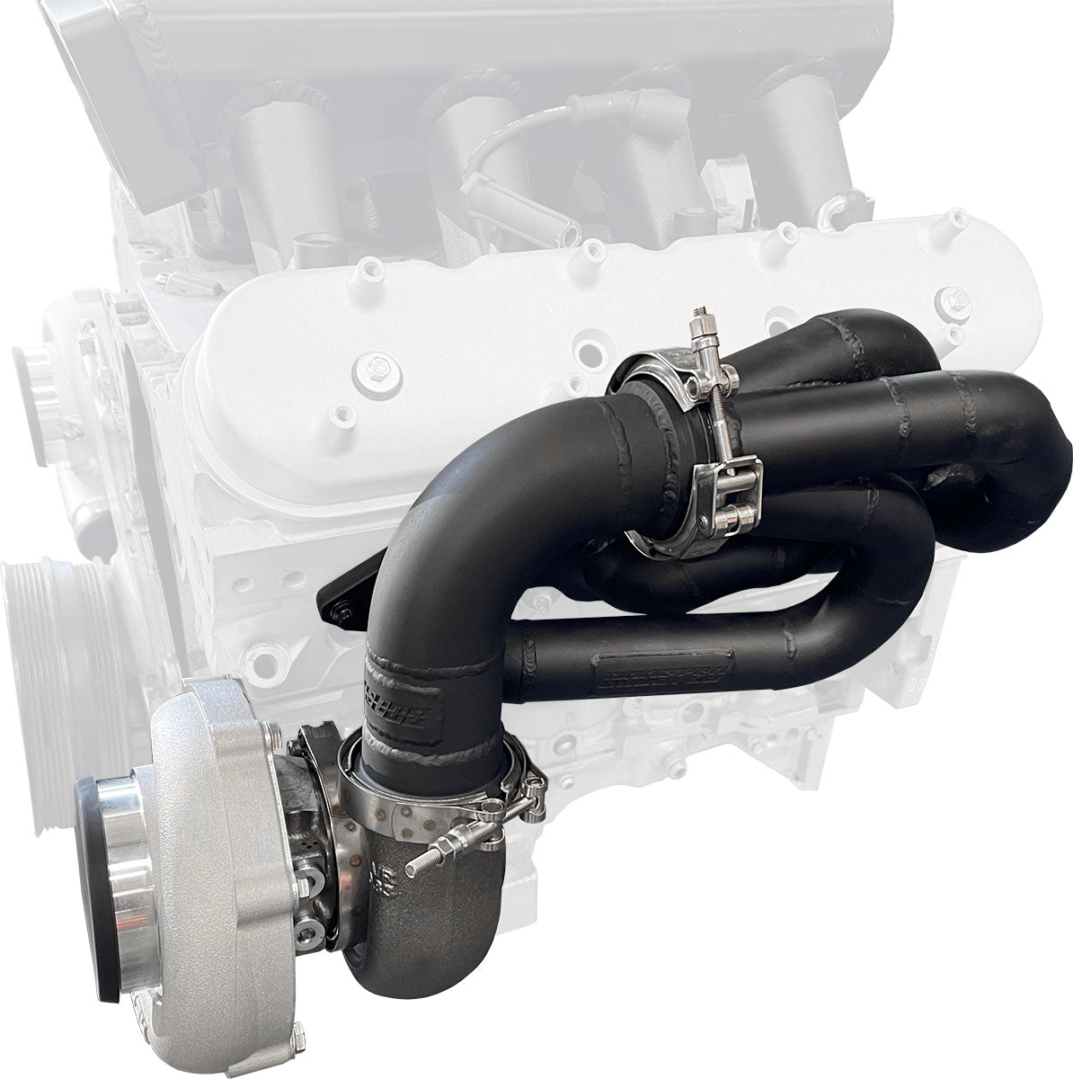 GM LS Twin Turbo Long Runner Manifolds  Forward Facing, High Mount with 2.5" V-Band, Sold As a Pair