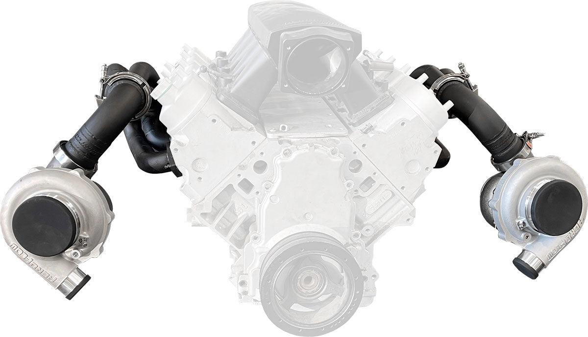 GM LS Twin Turbo Long Runner Manifolds  Forward Facing, High Mount with 2.5" V-Band, Sold As a Pair