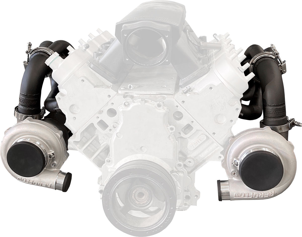 GM LS Twin Turbo Long Runner Manifolds  Forward Facing, High Mount with 2.5" V-Band, Sold As a Pair